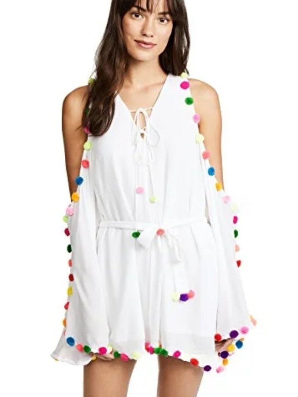 Womens Sundress White Multicolor Pom Pom (Item-429) Swim Cover-Up Dress XS/S